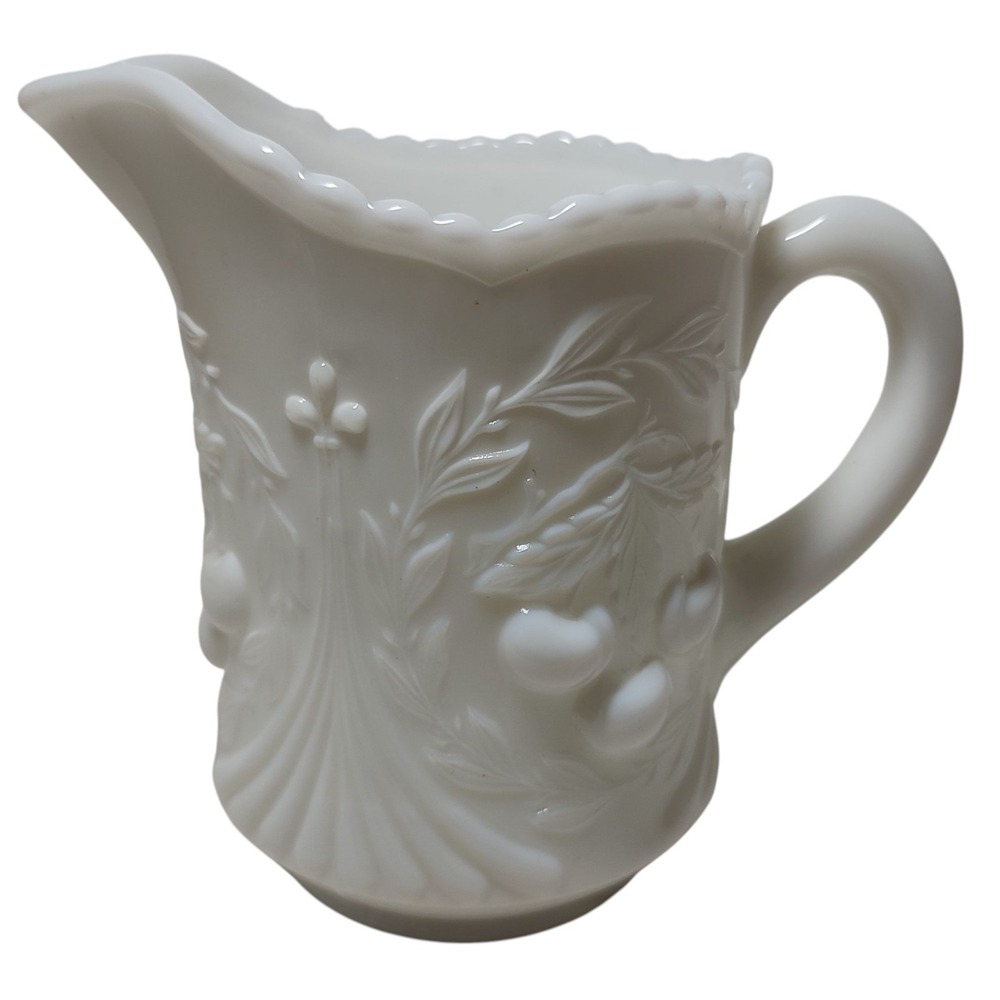 Vintage LG Wright Creamer White Milk‎ Glass Cherries Pattern Glass Pitcher Vase
